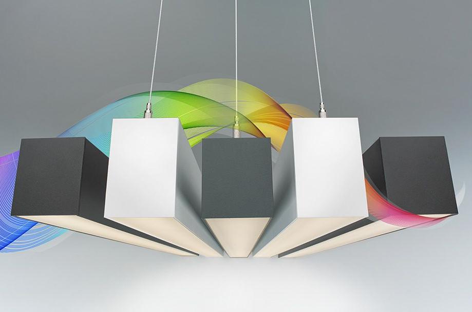 black and white hanging light fixture graphic with rainbow design